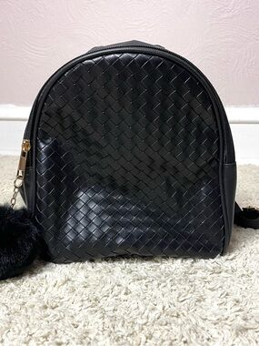 LDW Designs Black Woven Faux Leather Mini Backpack with Pom-Pom Charm